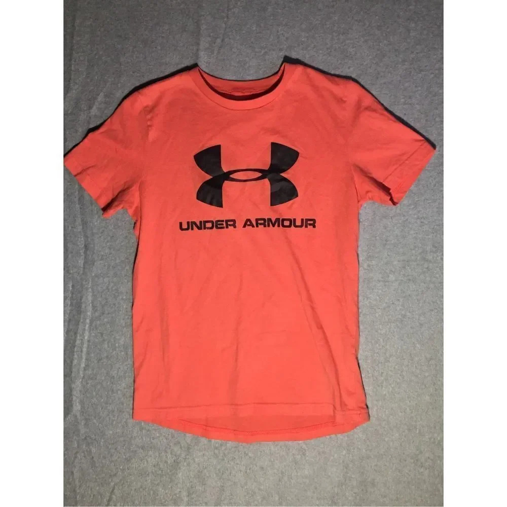 Kids Under Armour Shirt Size Youth Medium Pink Large Logo Front Black Casual